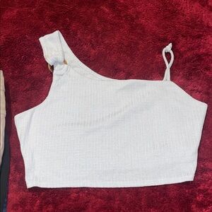 Peach Love California light blue One-Shoulder Crop Top.